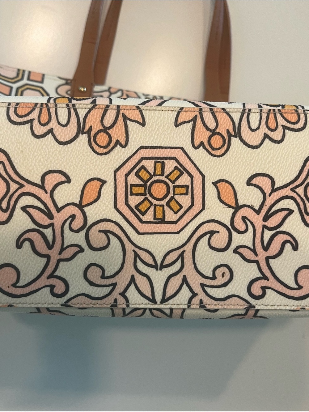 Tory Burch Cream Canvas Floral-Print Tote with Tan Leather Handles - Picture 7 of 15